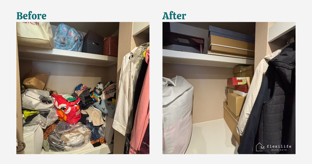 ウォークインクローゼット奥の収納を整理したBefore After